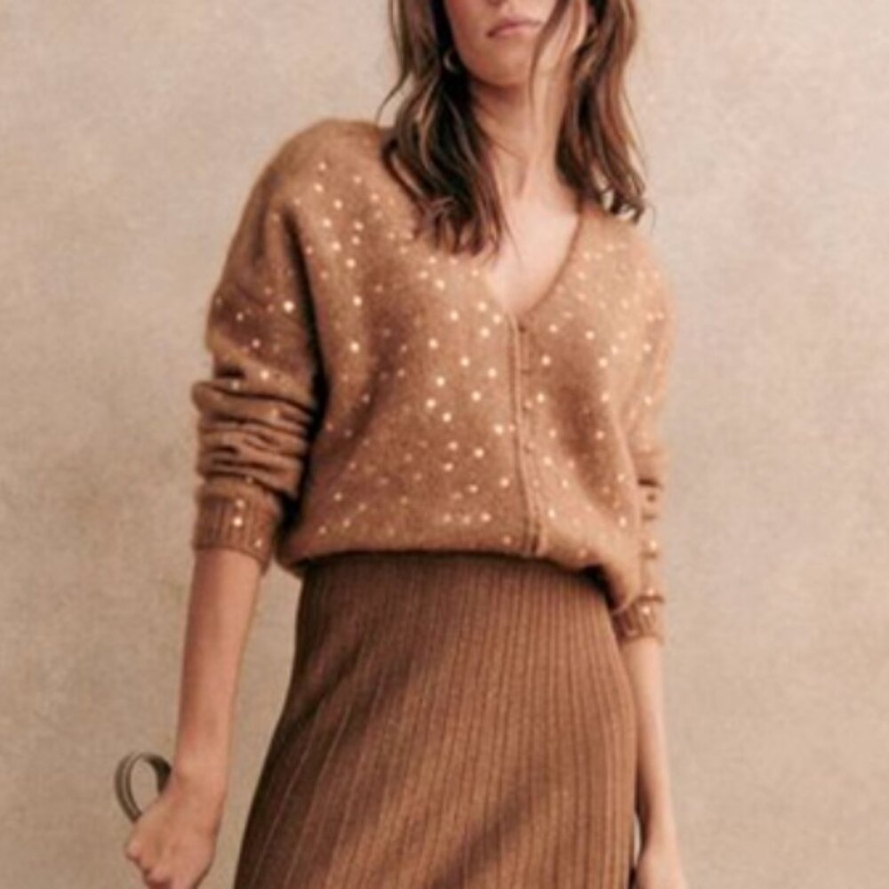 BEST Sezane Lizy Cardigan Camel Gold Polka Dot French Wool Causal - Picture 3 of 9